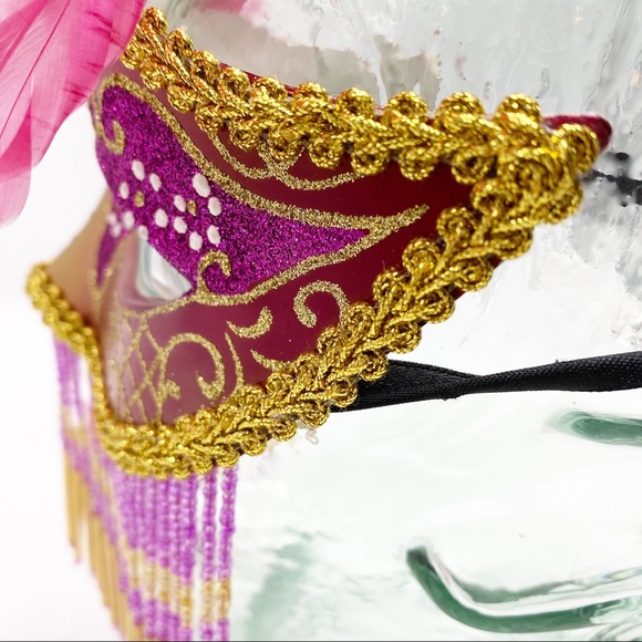 Masquerade Ball Mask Feather Bead Fringe Pink Gold - Picture 5 of 6